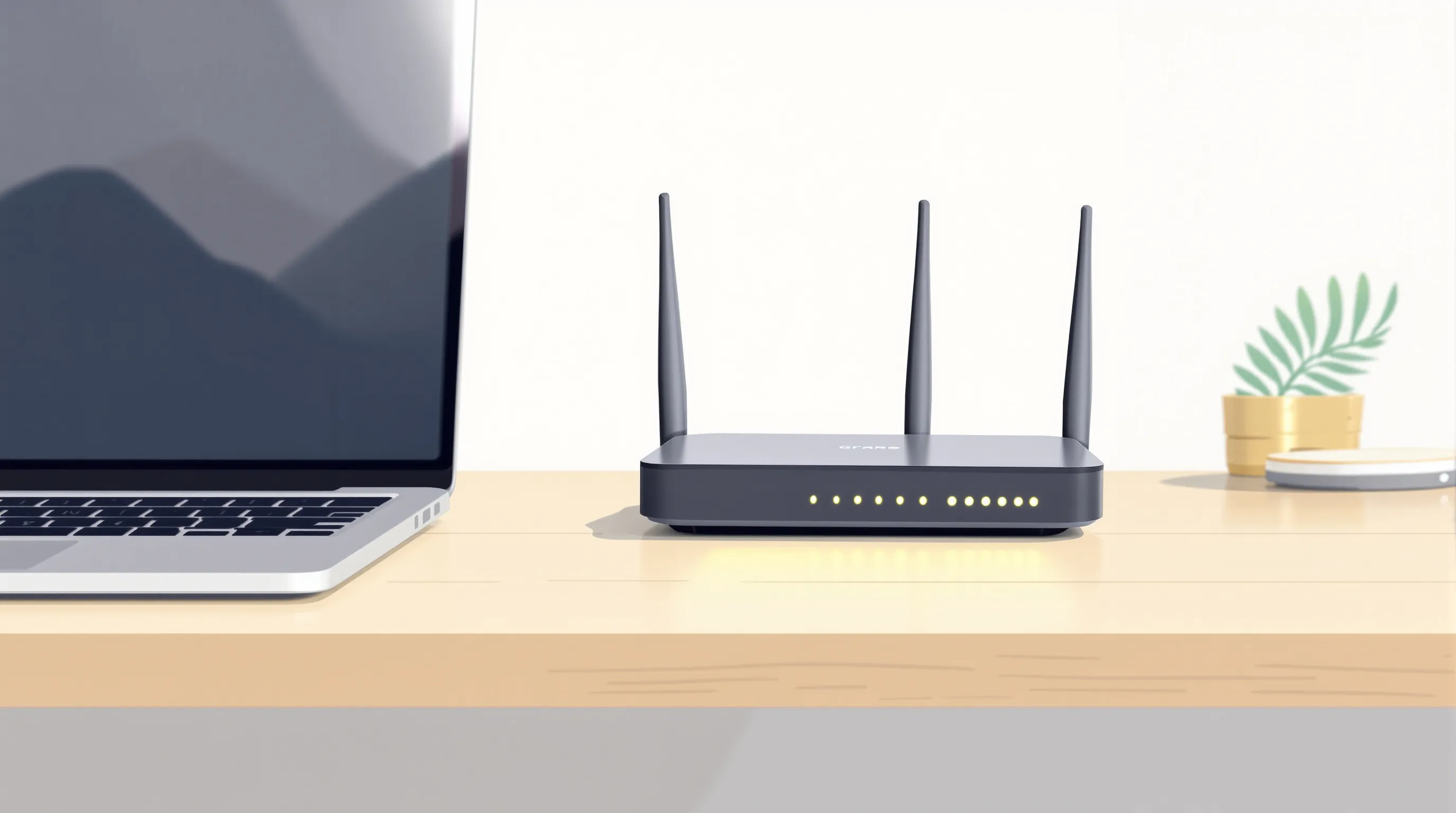 Modern home Wi-Fi router with glowing status lights on a wooden desk, representing an active internet connection being shared through a background app