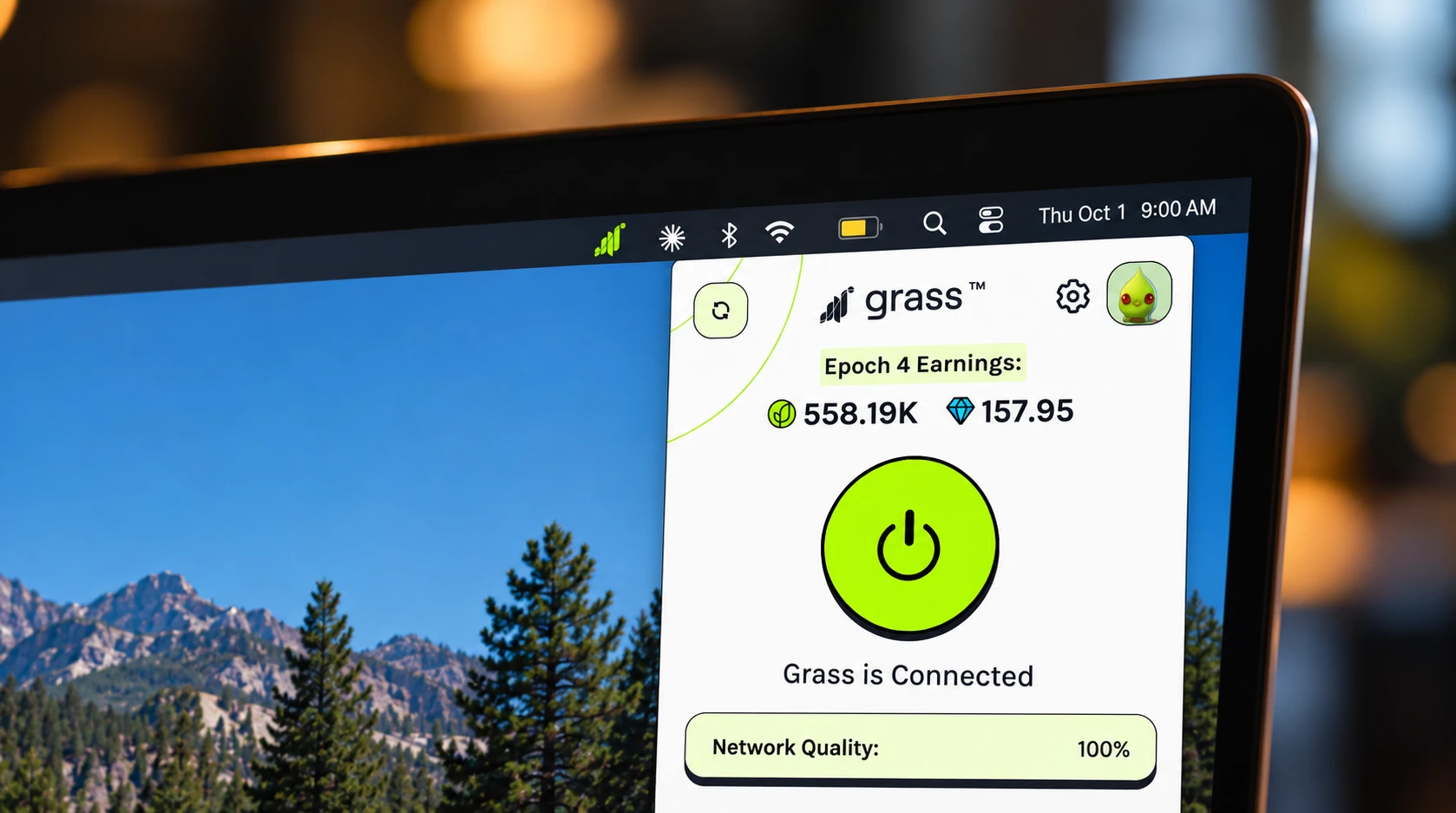 A laptop screen showing a Grass node connected status with uptime and points accumulating in the dashboard.